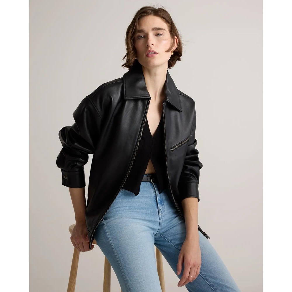 Quince Women's True Black 100% Sheep Leather Oversized Bomber Jacket Size Small